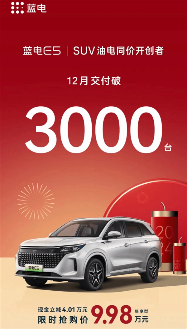 9.98万起 赛力斯蓝电E5月交付破3000台：华为、比亚迪技术支持